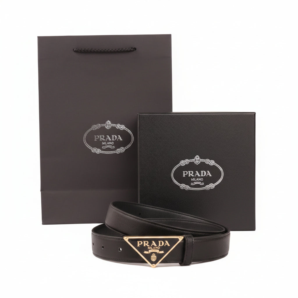 Prada Saffiano Leather Belt with Gold-Tone Triangle Logo Buckle