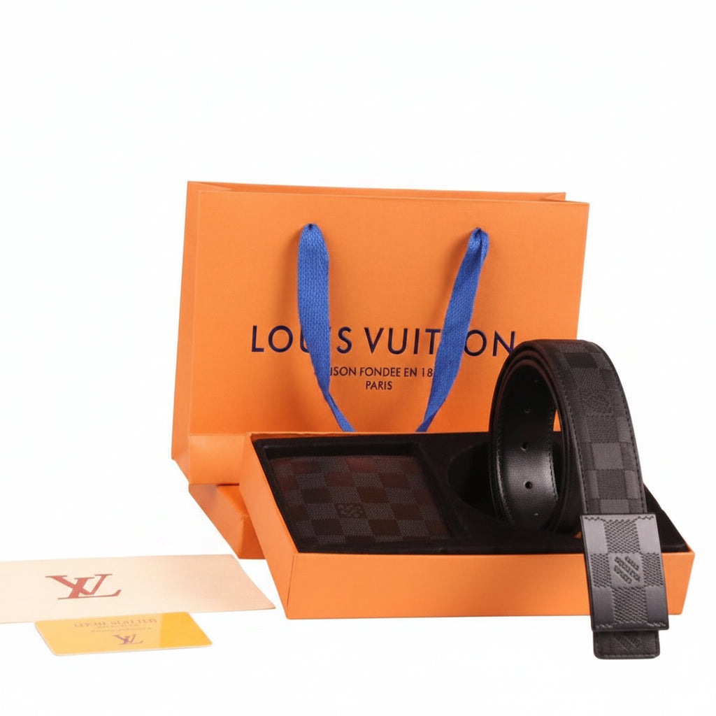 Louis Vuitton Men's Damier Graphite Belt & Wallet Luxury Gift Set