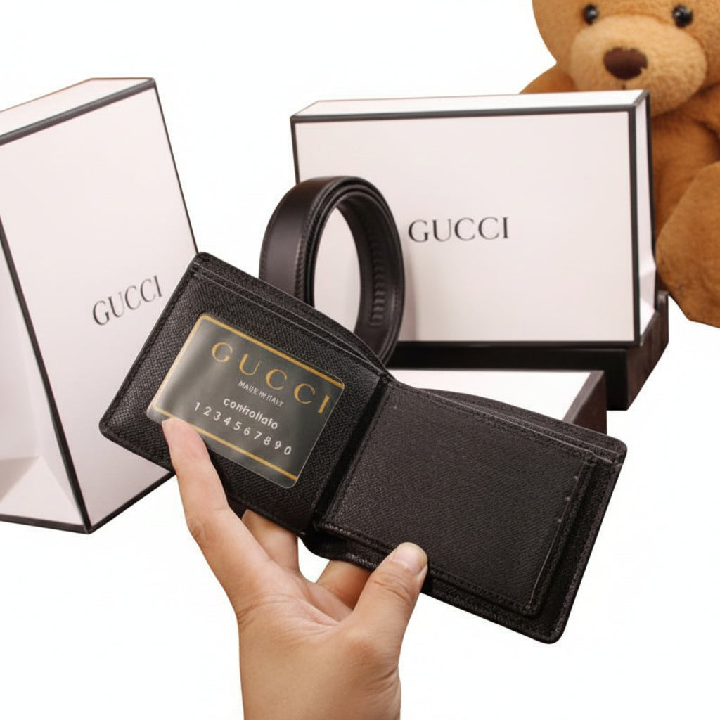 Gucci Men's Black Grained Leather Bi-Fold Wallet and Belt Gift Set