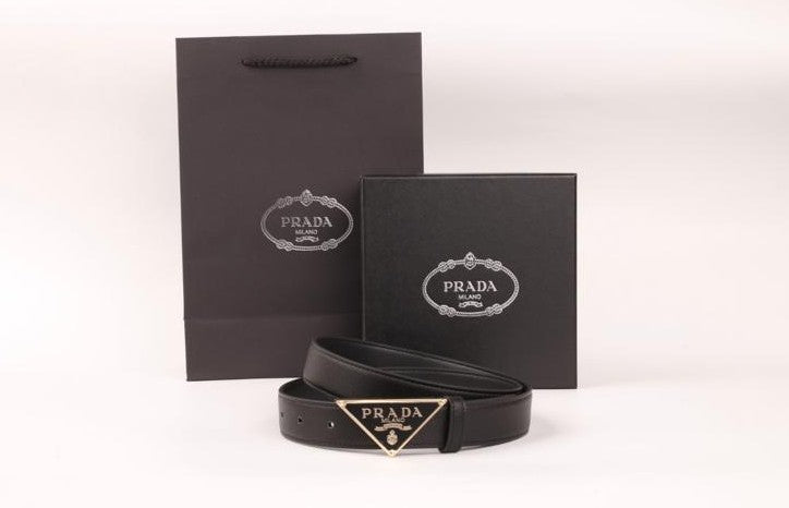 Prada Saffiano Leather Belt with Gold-Tone Triangle Logo Buckle